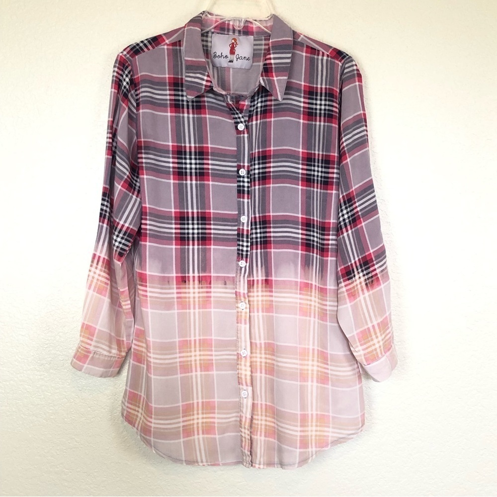 Boho Jane Plaid Ombre Long Shirt Pray Forgive Smile Shine Small